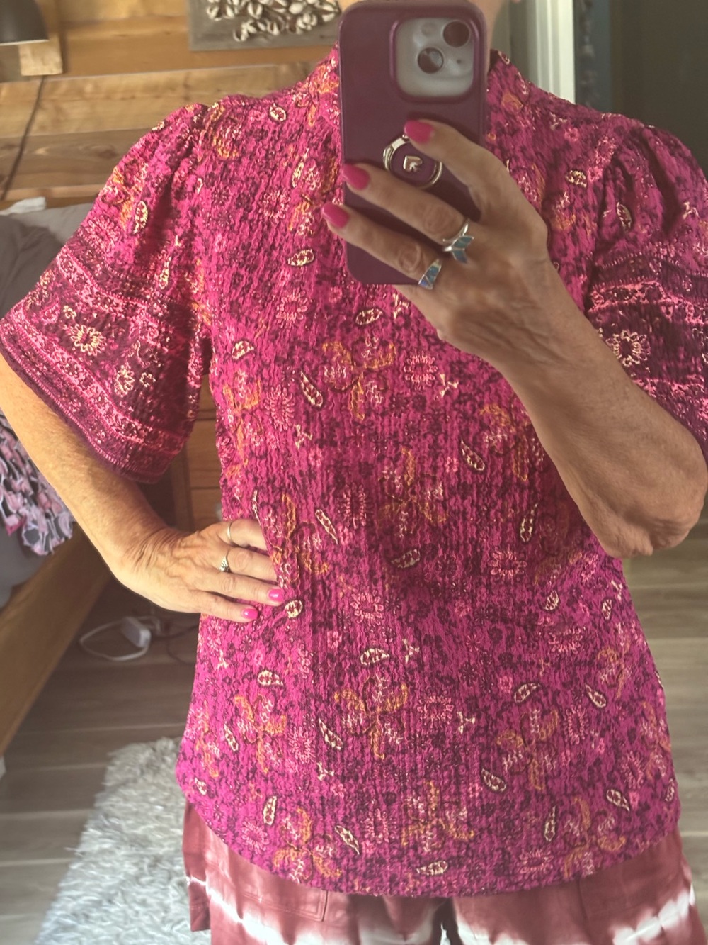 LOFT Fuchsia Paisley Short-Sleeve Textured Top